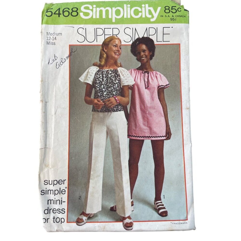 70s Simplicity 5468 Sewing Pattern Size Medium 12-14 Mini Dress Or Top 1972 CUT